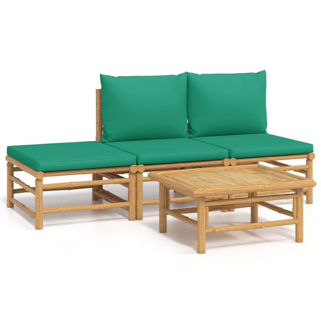 4 Piece Garden Lounge Set with Green Cushions Bamboo