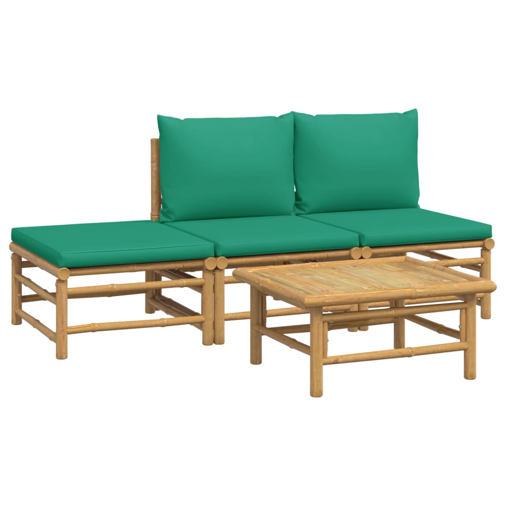 4 Piece Garden Lounge Set with Green Cushions Bamboo
