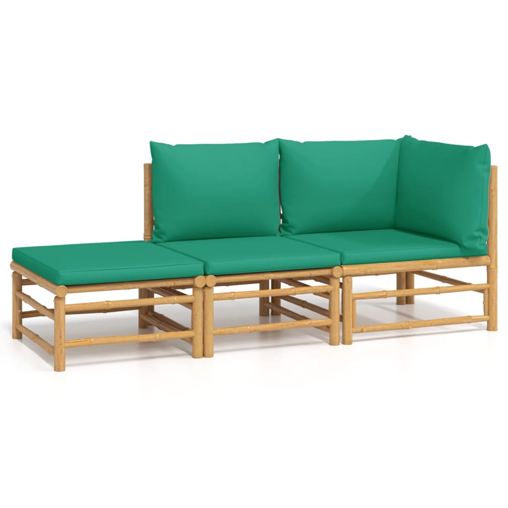 3 Piece Garden Lounge Set with Green Cushions Bamboo