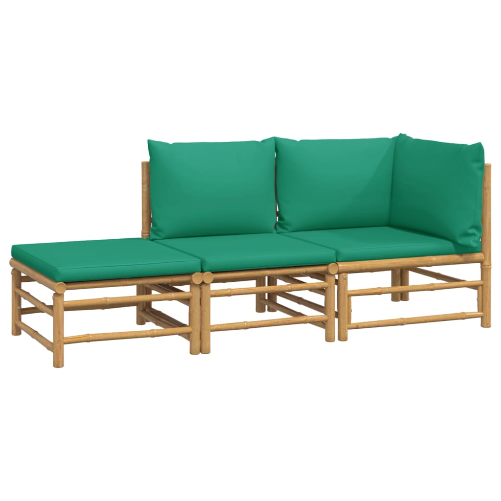 3 Piece Garden Lounge Set with Green Cushions Bamboo
