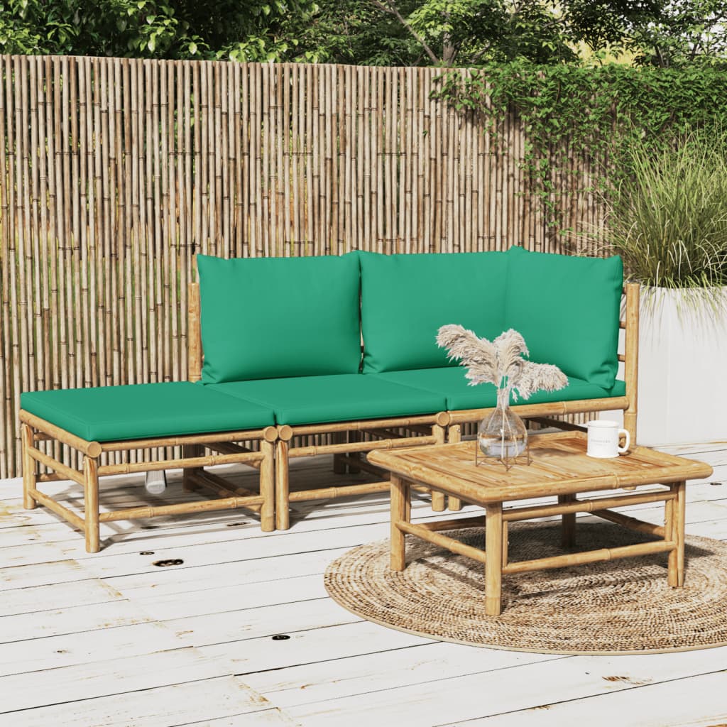 3 Piece Garden Lounge Set with Green Cushions Bamboo