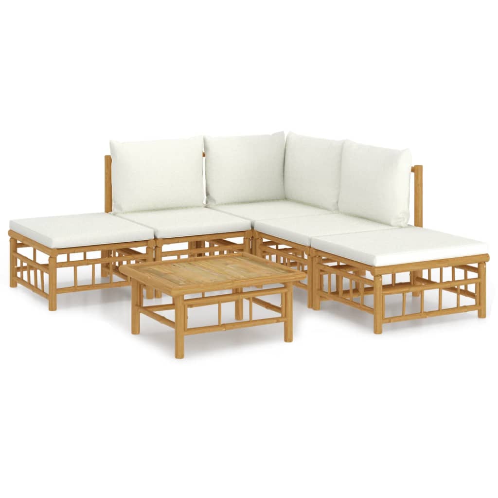 6 Piece Garden Lounge Set with Cream White Cushions Bamboo