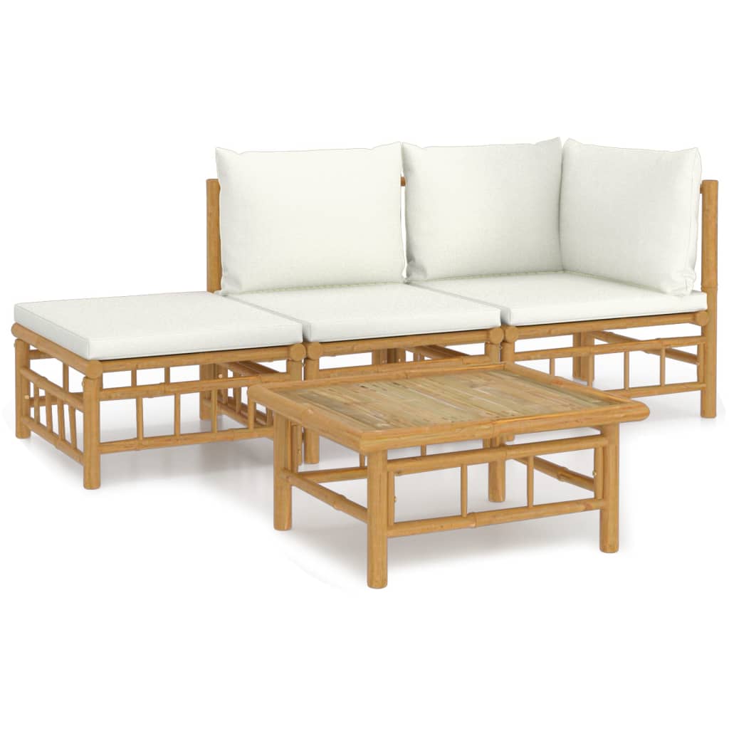 4 Piece Garden Lounge Set with Cream White Cushions Bamboo