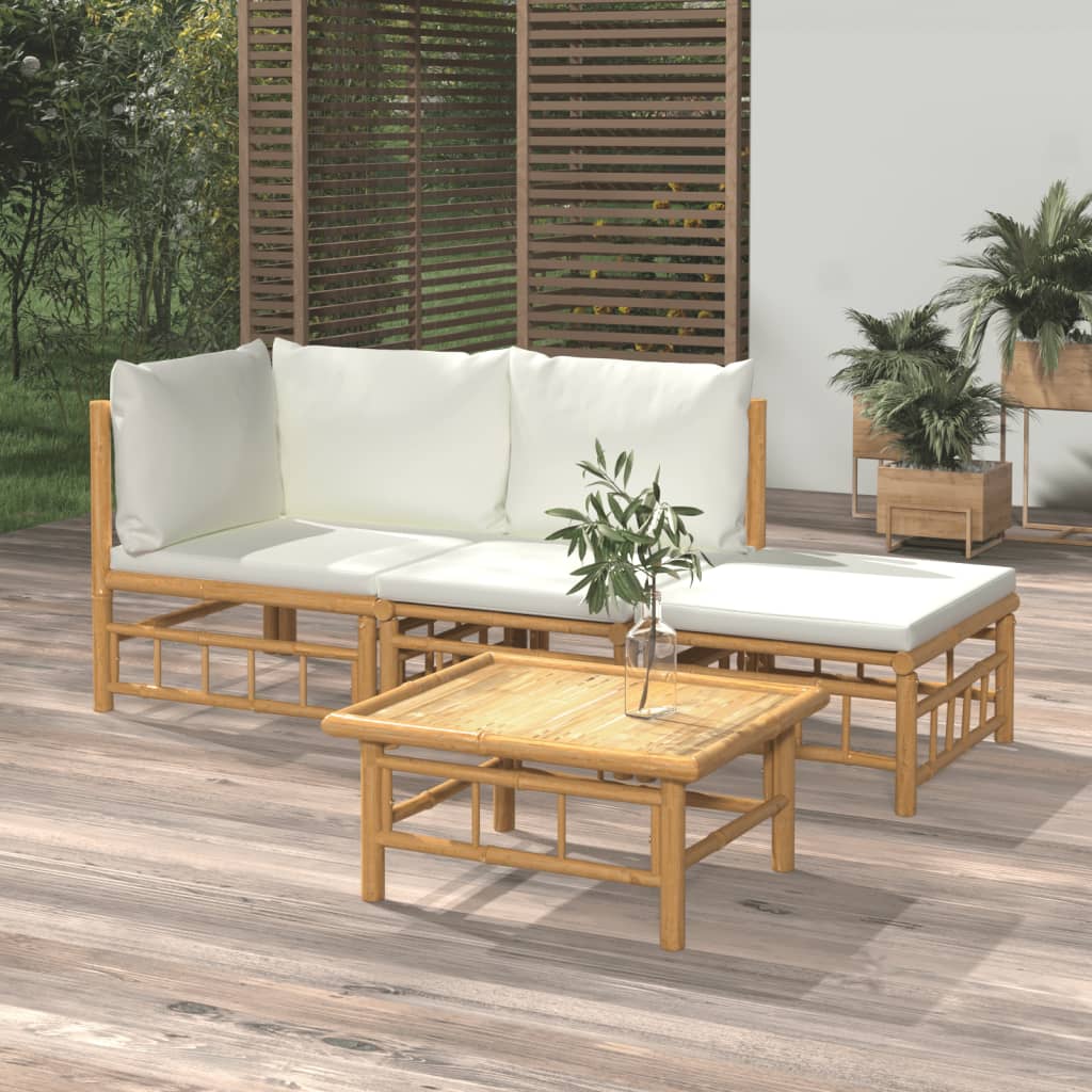 4 Piece Garden Lounge Set with Cream White Cushions Bamboo