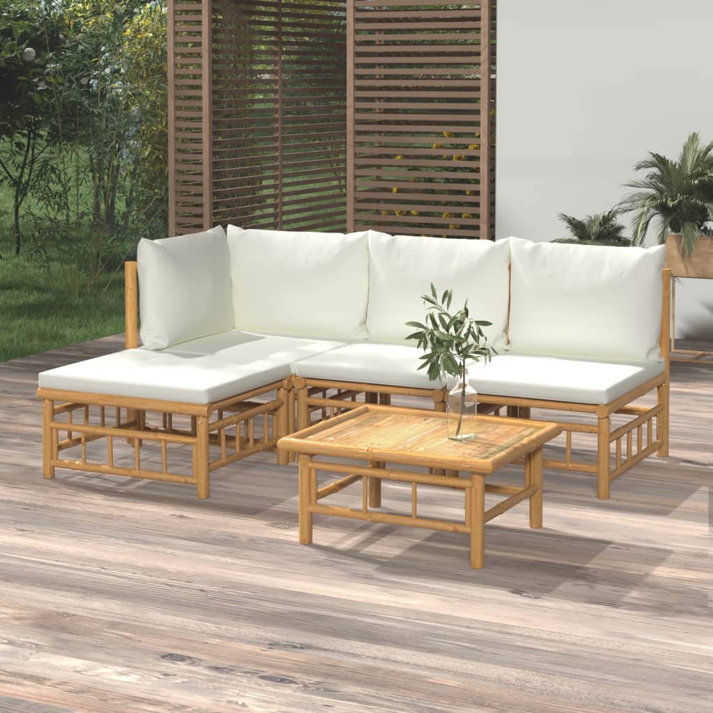 5 Piece Garden Lounge Set with Cream White Cushions Bamboo