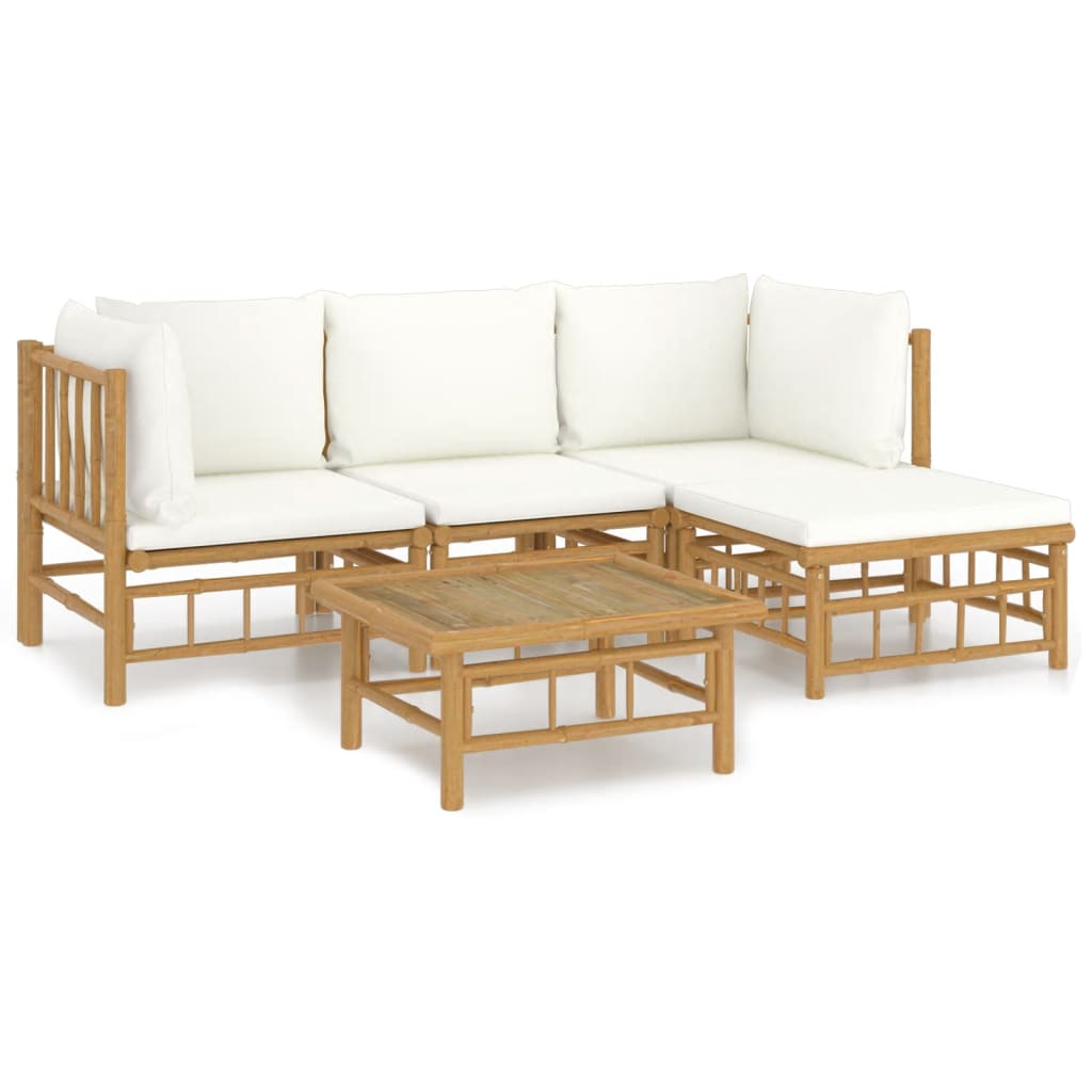 5 Piece Garden Lounge Set with Cream White Cushions Bamboo