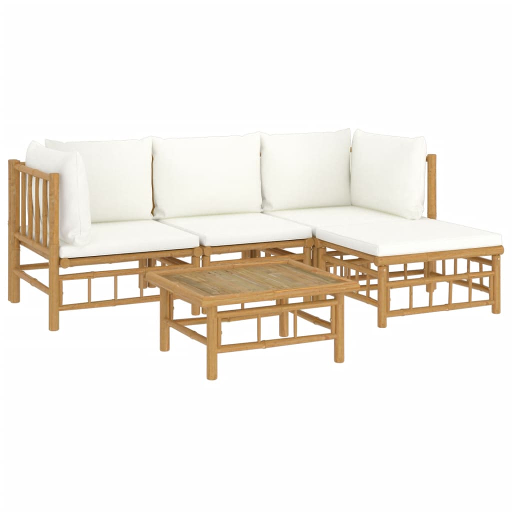 5 Piece Garden Lounge Set with Cream White Cushions Bamboo