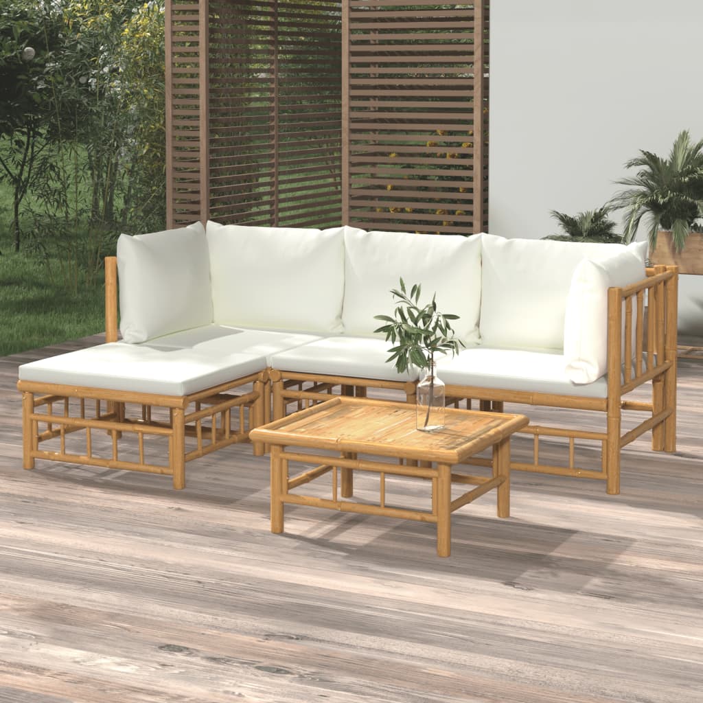 5 Piece Garden Lounge Set with Cream White Cushions Bamboo