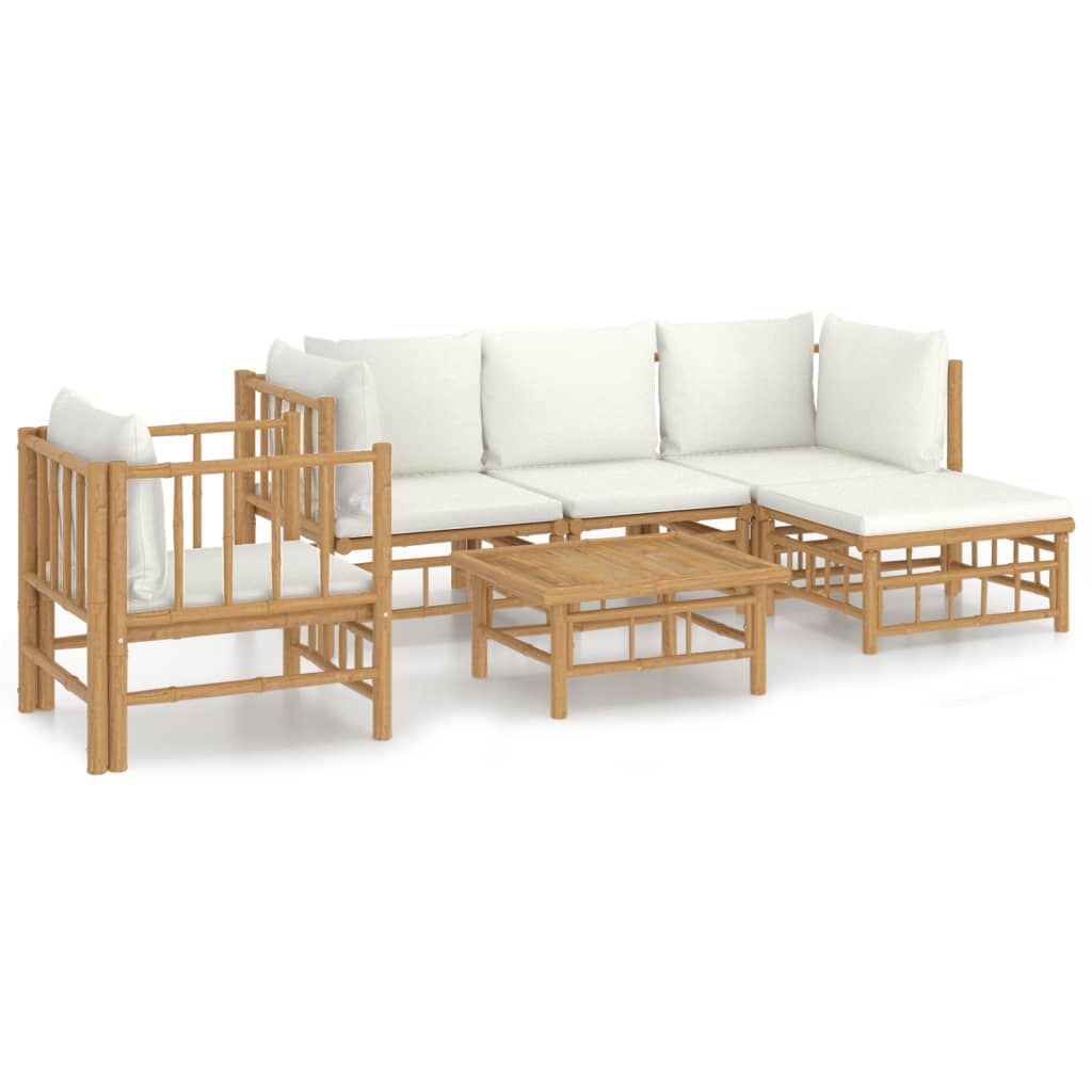 6 Piece Garden Lounge Set with Cream White Cushions Bamboo
