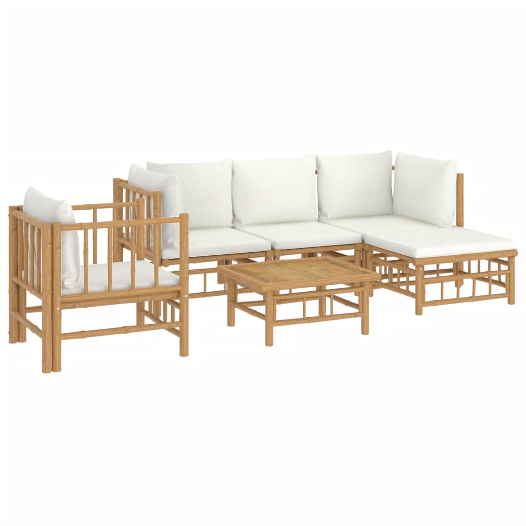 6 Piece Garden Lounge Set with Cream White Cushions Bamboo