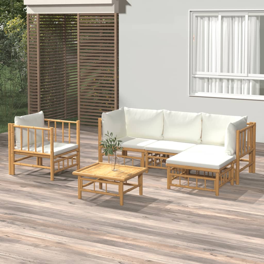 6 Piece Garden Lounge Set with Cream White Cushions Bamboo