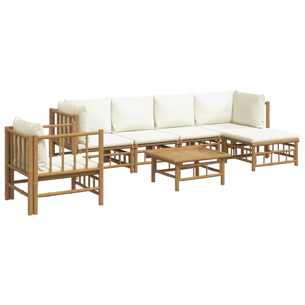7 Piece Garden Lounge Set with Cream White Cushions Bamboo