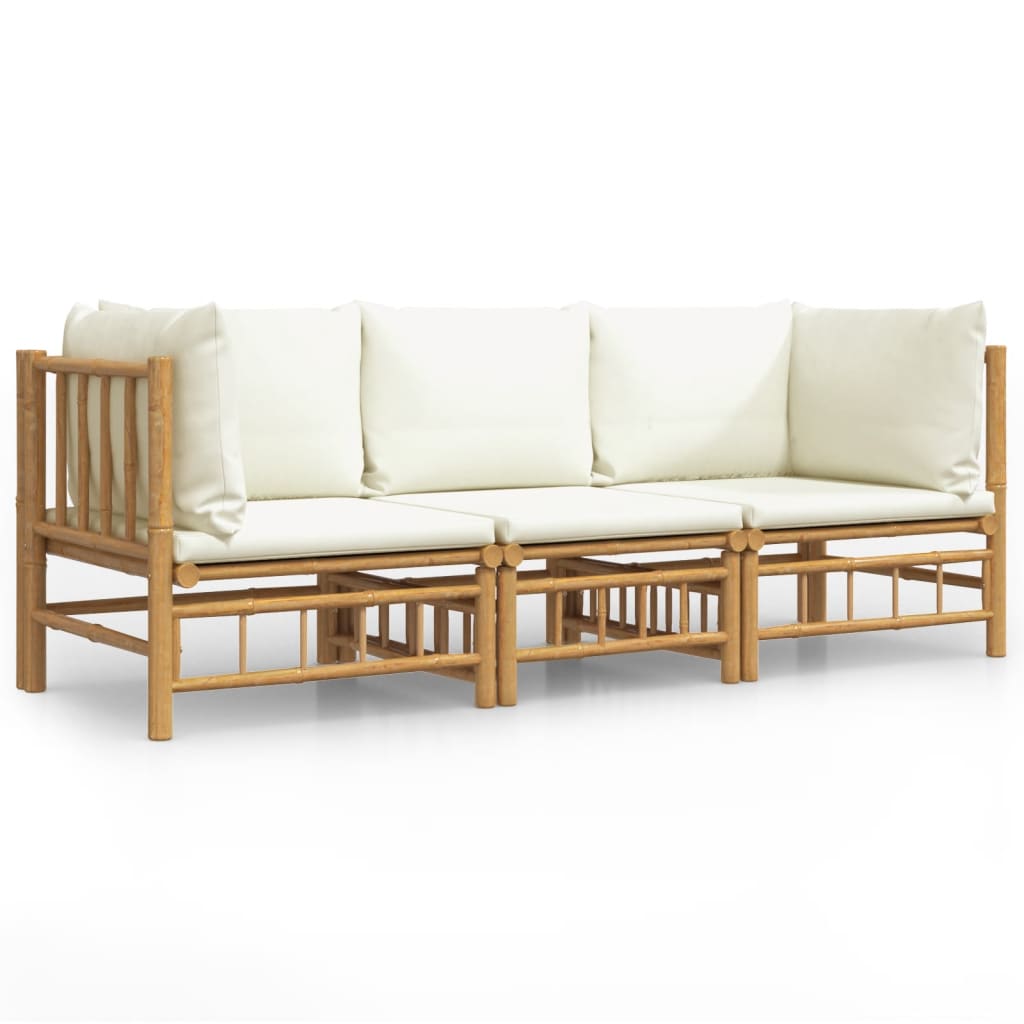 3 Piece Garden Lounge Set with Cream White Cushions Bamboo