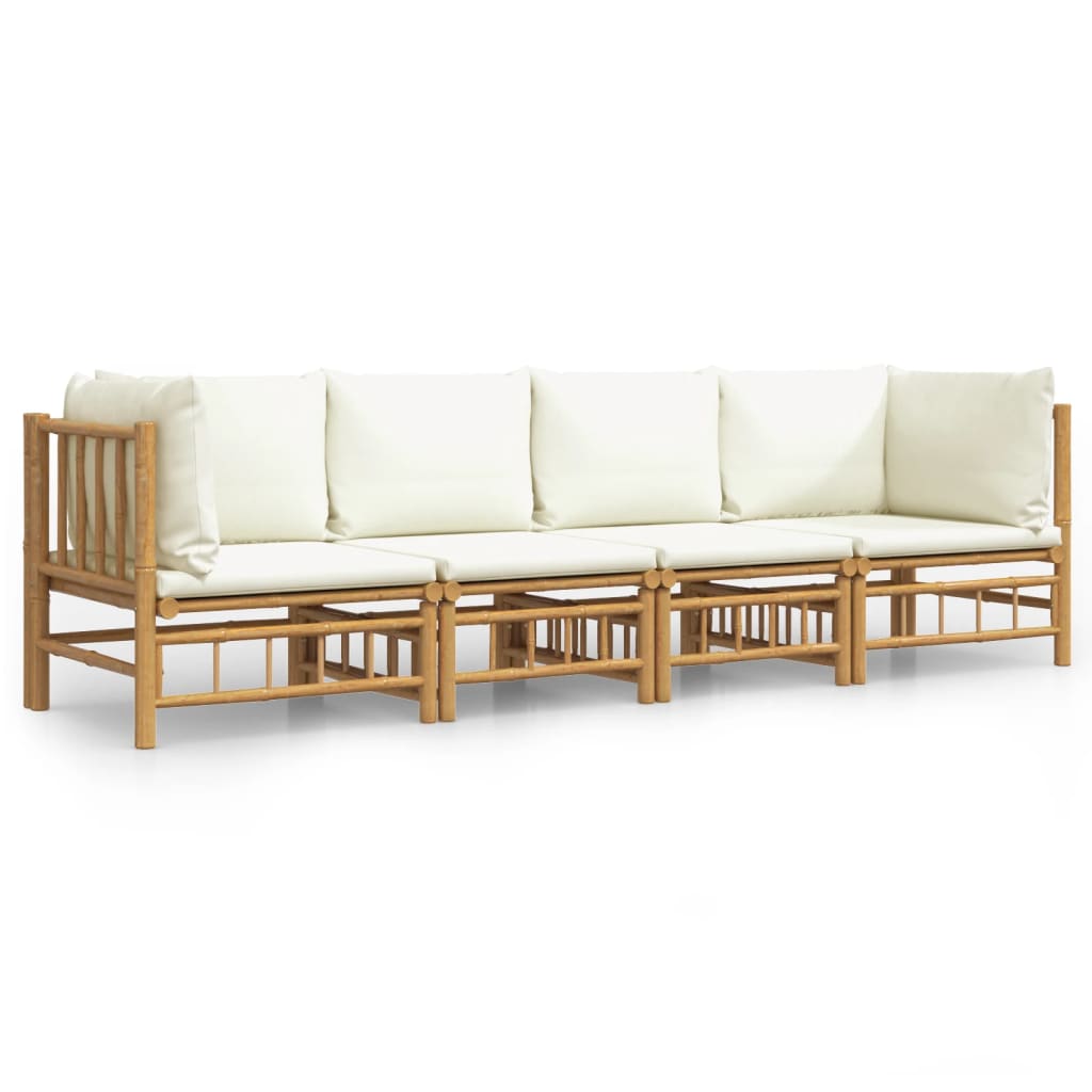 4 Piece Garden Lounge Set with Cream White Cushions Bamboo
