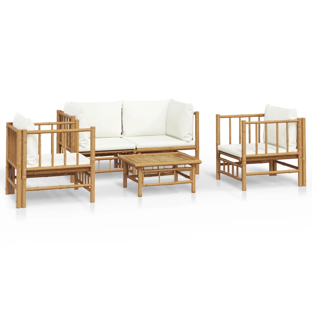 5 Piece Garden Lounge Set with Cream White Cushions Bamboo