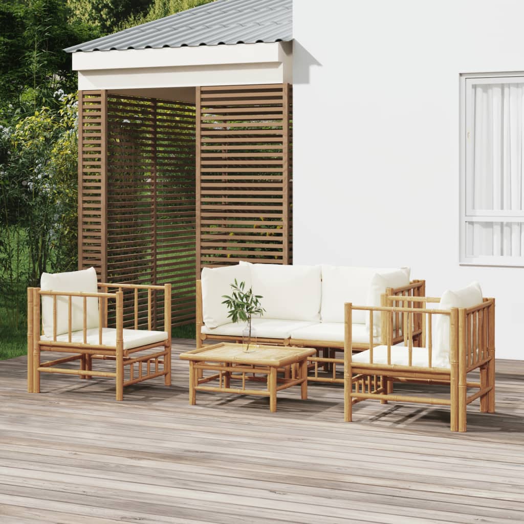 5 Piece Garden Lounge Set with Cream White Cushions Bamboo