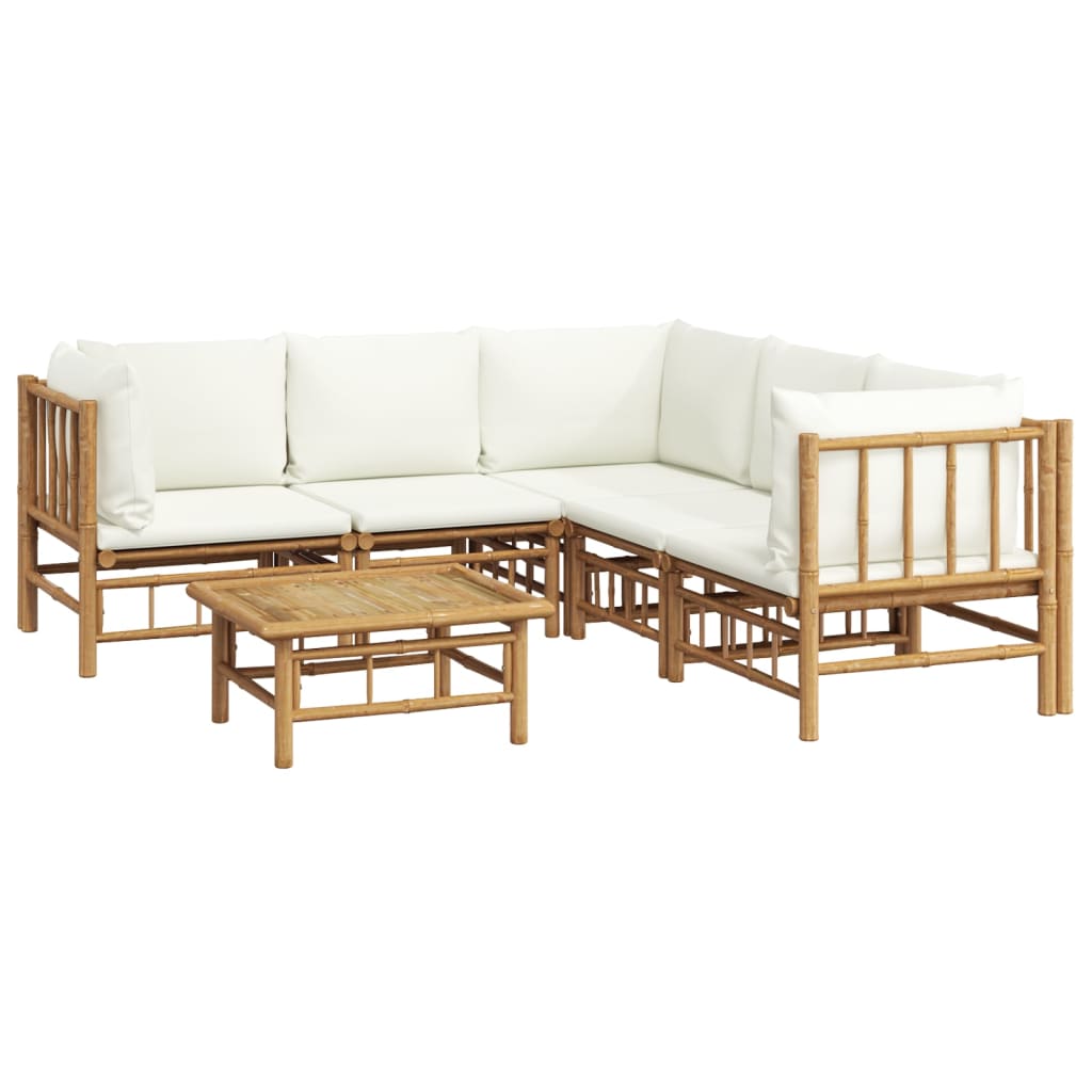 6 Piece Garden Lounge Set with Cream White Cushions Bamboo