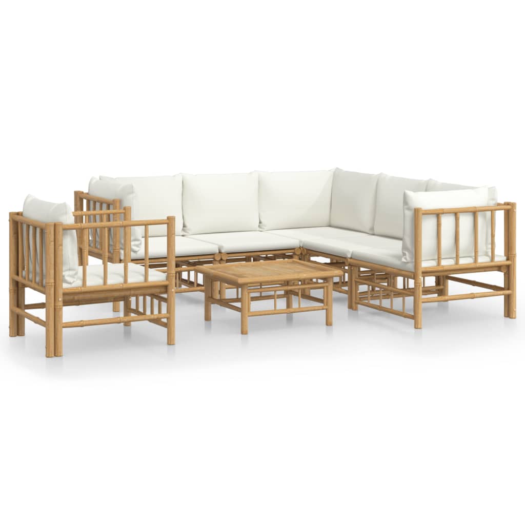 7 Piece Garden Lounge Set with Cream White Cushions Bamboo