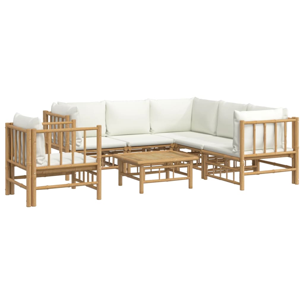 7 Piece Garden Lounge Set with Cream White Cushions Bamboo
