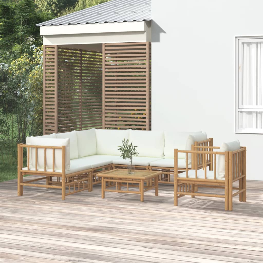 7 Piece Garden Lounge Set with Cream White Cushions Bamboo