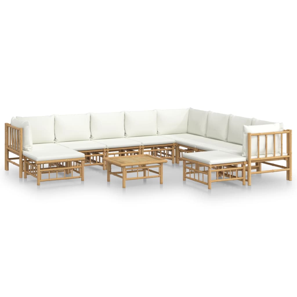 11 Piece Garden Lounge Set with Cream White Cushions Bamboo