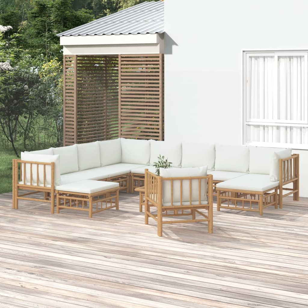 12 Piece Garden Lounge Set with Cream White Cushions Bamboo