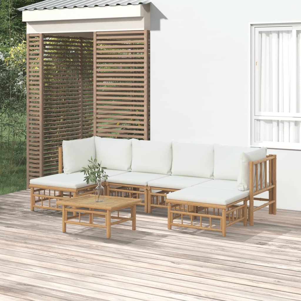 7 Piece Garden Lounge Set with Cream White Cushions Bamboo
