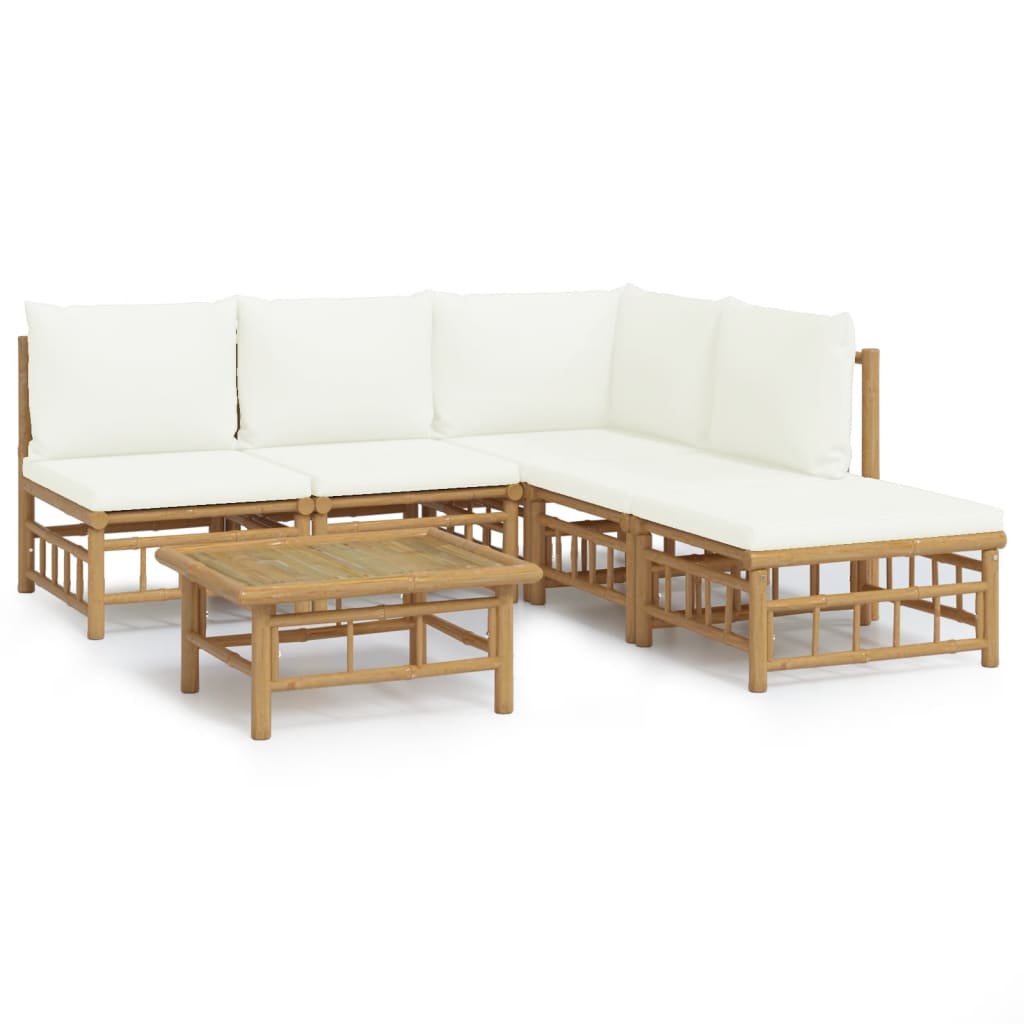 6 Piece Garden Lounge Set with Cream White Cushions Bamboo