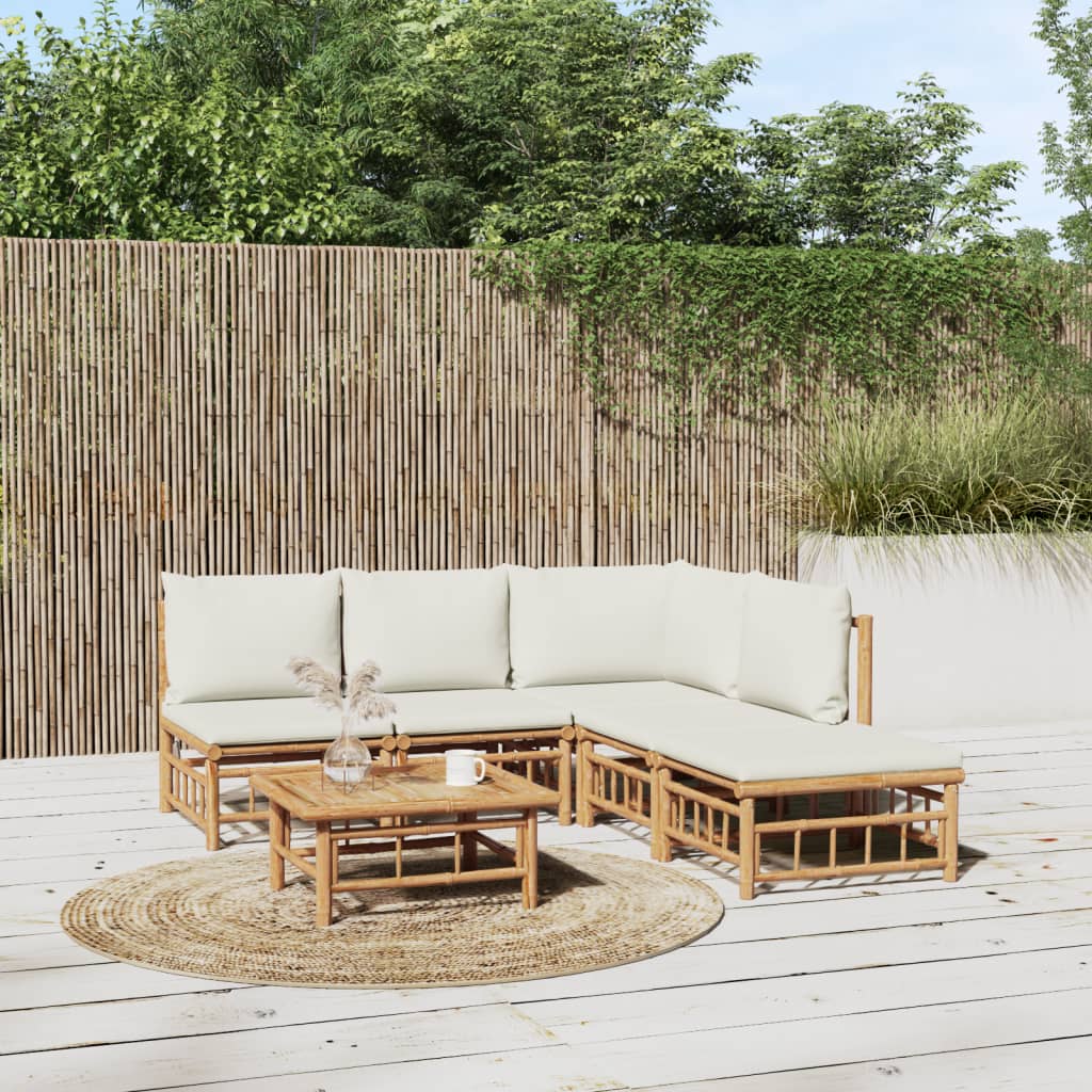 6 Piece Garden Lounge Set with Cream White Cushions Bamboo