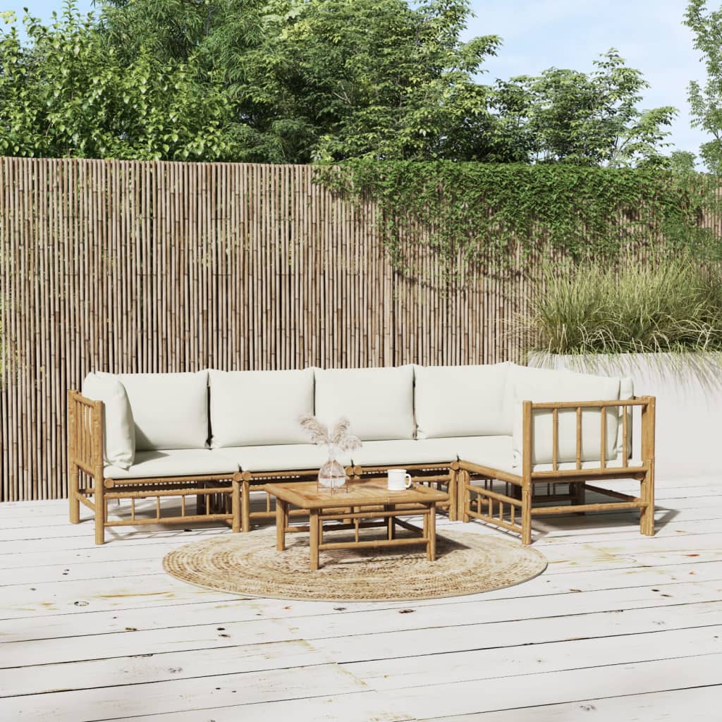 6 Piece Garden Lounge Set with Cream White Cushions Bamboo