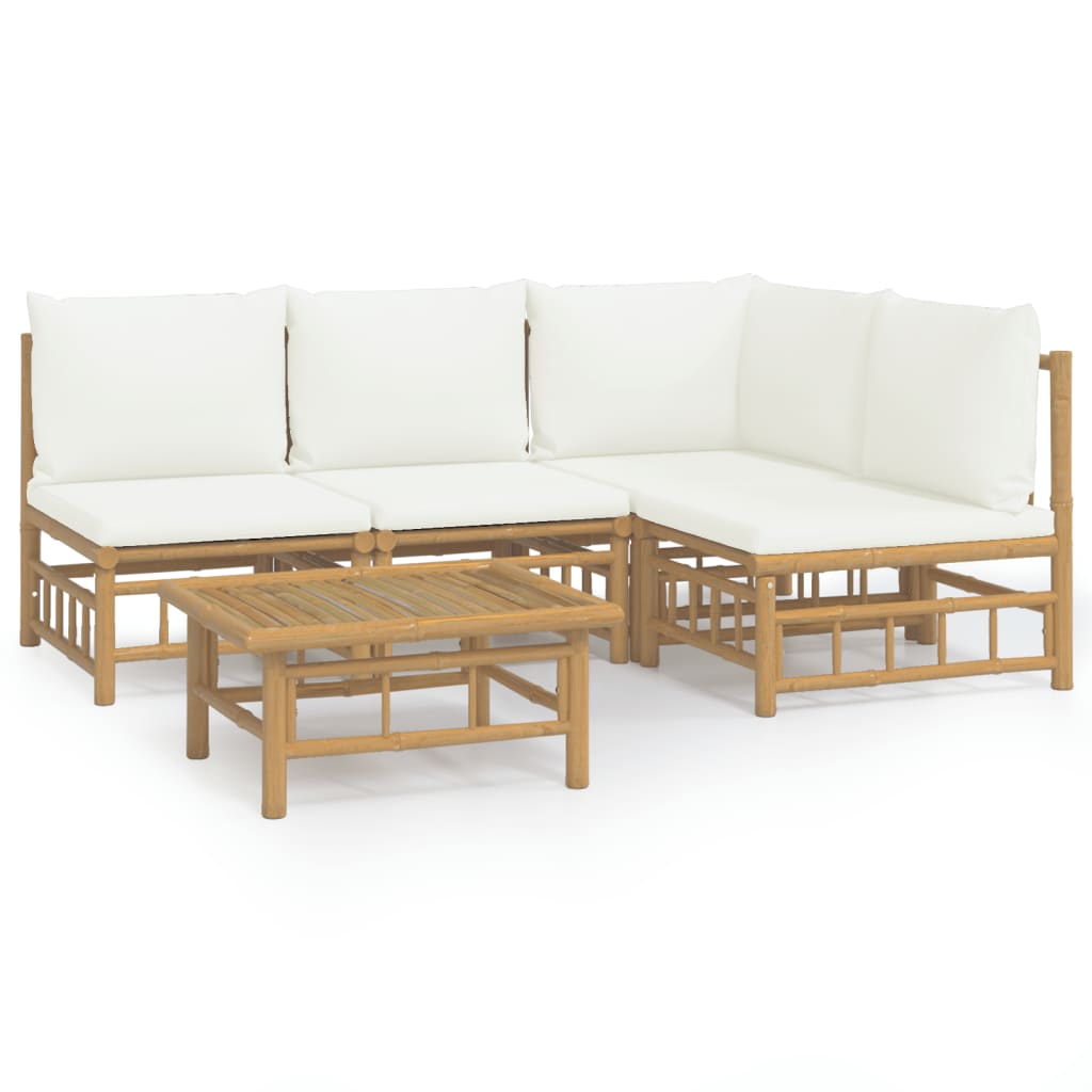 5 Piece Garden Lounge Set with Cream White Cushions Bamboo