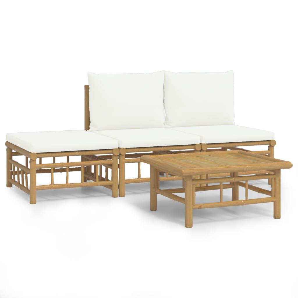 4 Piece Garden Lounge Set with Cream White Cushions Bamboo