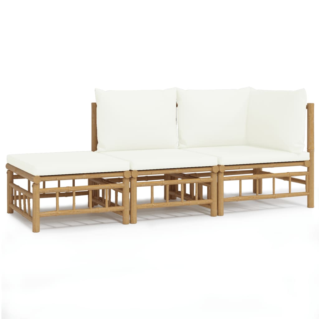 3 Piece Garden Lounge Set with Cream White Cushions Bamboo