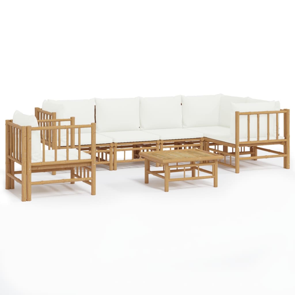7 Piece Garden Lounge Set with Cream White Cushions Bamboo