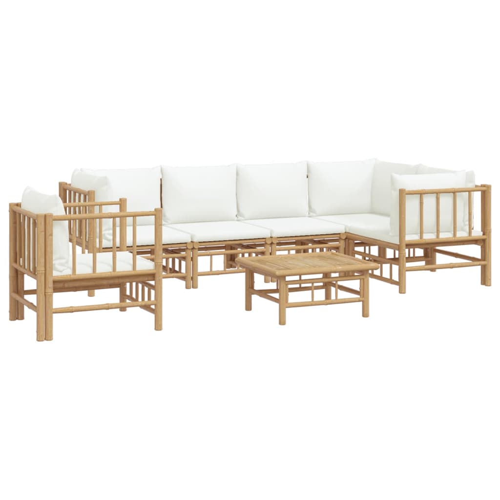 7 Piece Garden Lounge Set with Cream White Cushions Bamboo