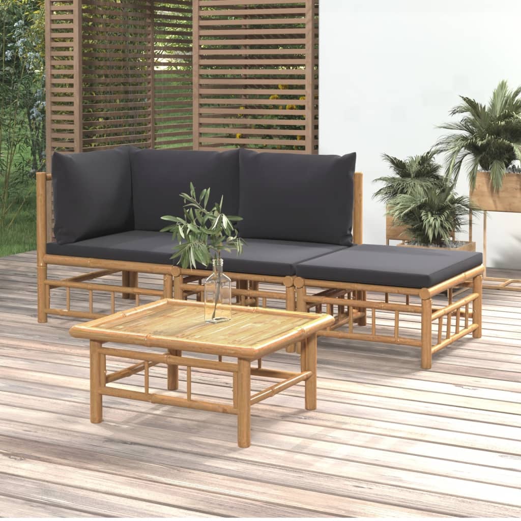 4 Piece Garden Lounge Set with Dark Grey Cushions Bamboo