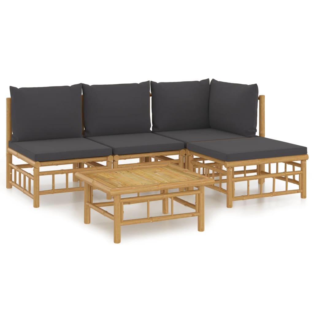 5 Piece Garden Lounge Set with Dark Grey Cushions Bamboo