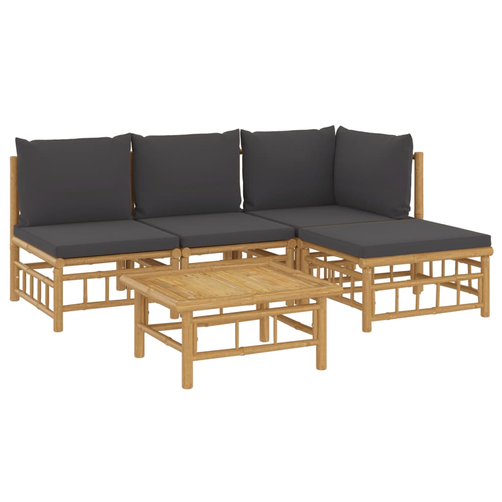 5 Piece Garden Lounge Set with Dark Grey Cushions Bamboo