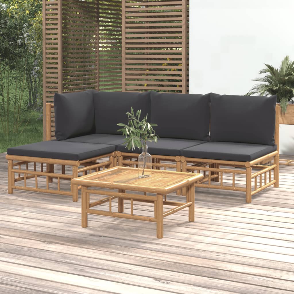 5 Piece Garden Lounge Set with Dark Grey Cushions Bamboo