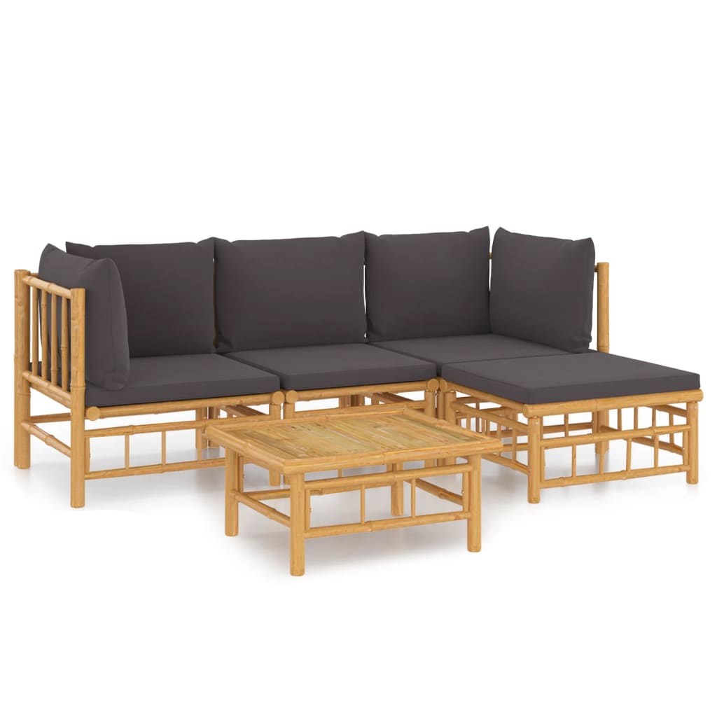 5 Piece Garden Lounge Set with Dark Grey Cushions Bamboo