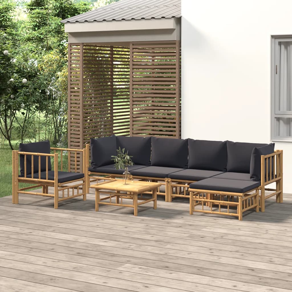 7 Piece Garden Lounge Set with Dark Grey Cushions Bamboo