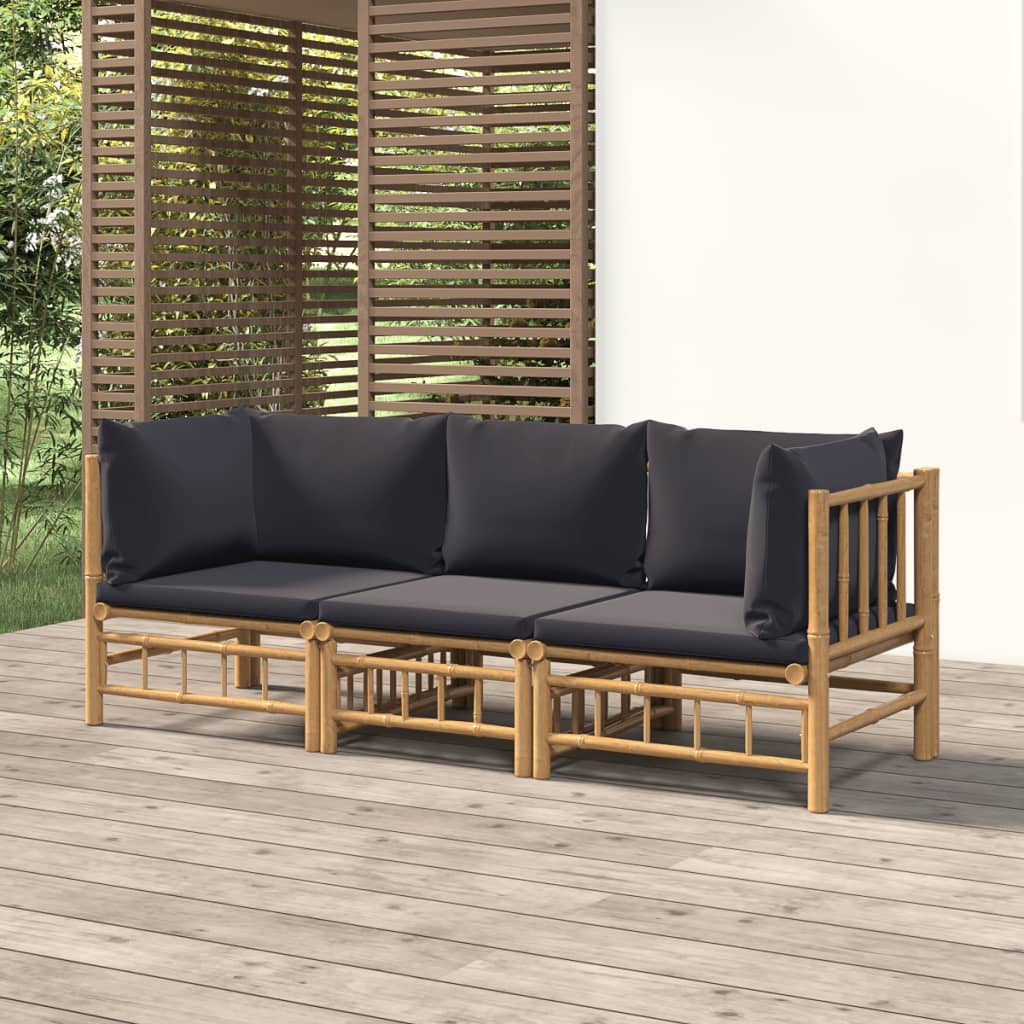 3 Piece Garden Lounge Set with Dark Grey Cushions Bamboo