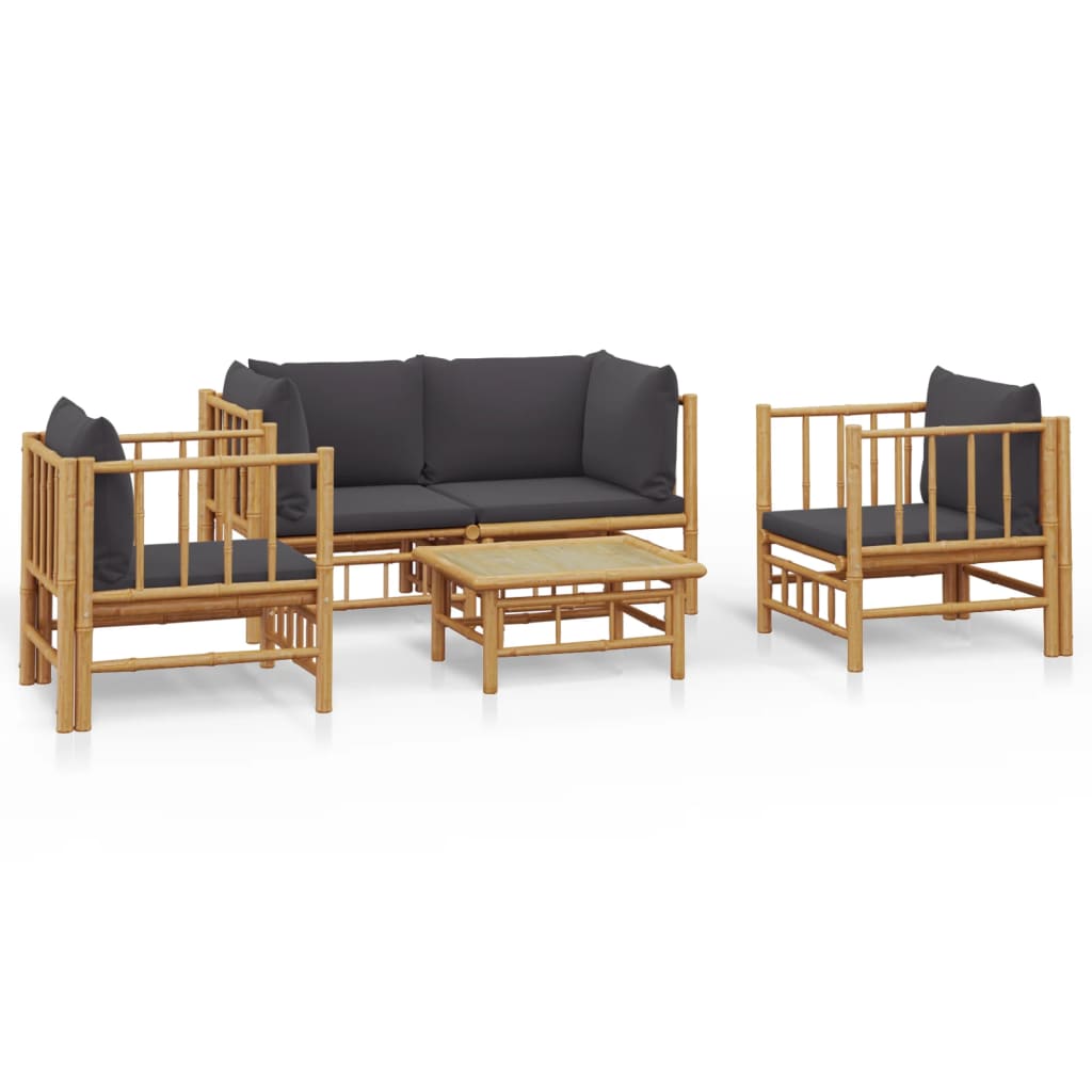 5 Piece Garden Lounge Set with Dark Grey Cushions Bamboo