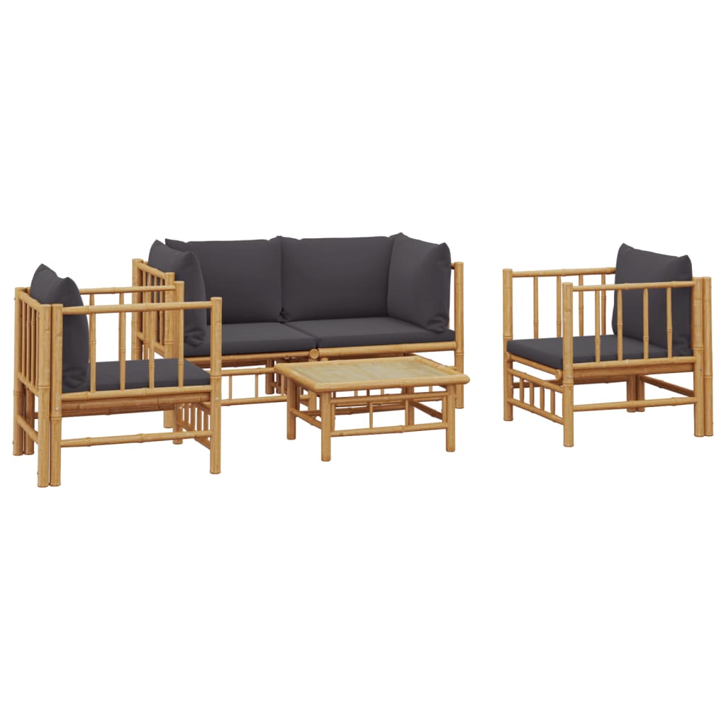 5 Piece Garden Lounge Set with Dark Grey Cushions Bamboo