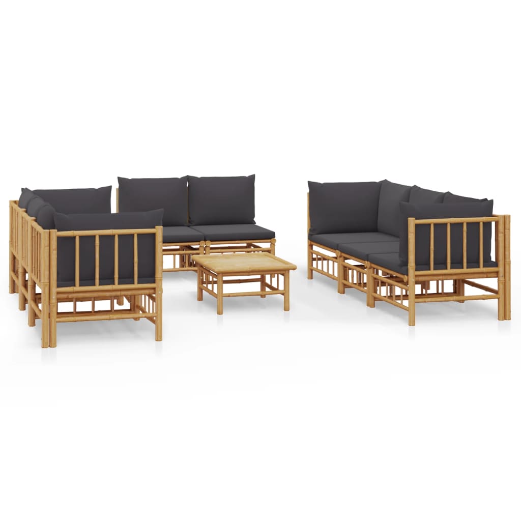 9 Piece Garden Lounge Set with Dark Grey Cushions Bamboo