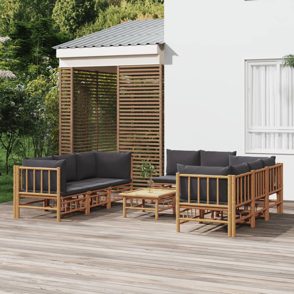 9 Piece Garden Lounge Set with Dark Grey Cushions Bamboo