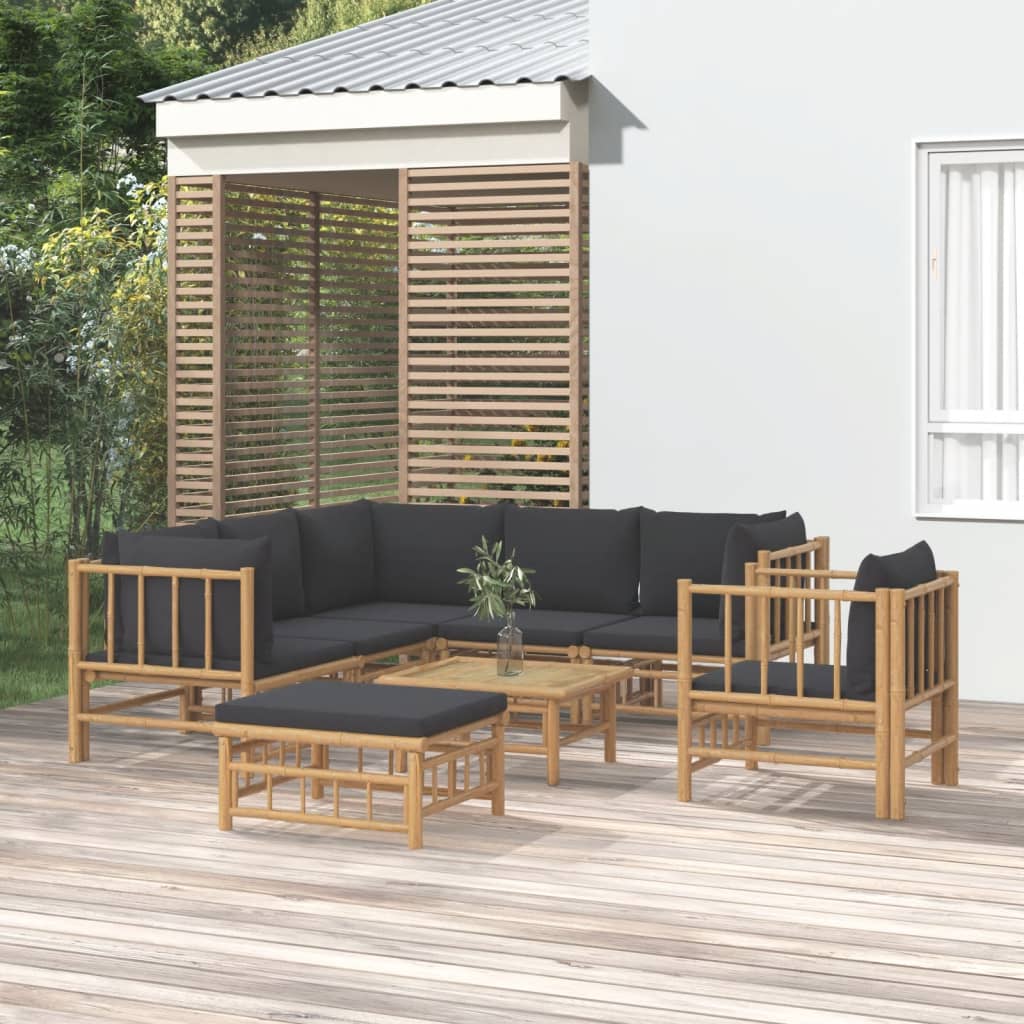 8 Piece Garden Lounge Set with Dark Grey Cushions Bamboo