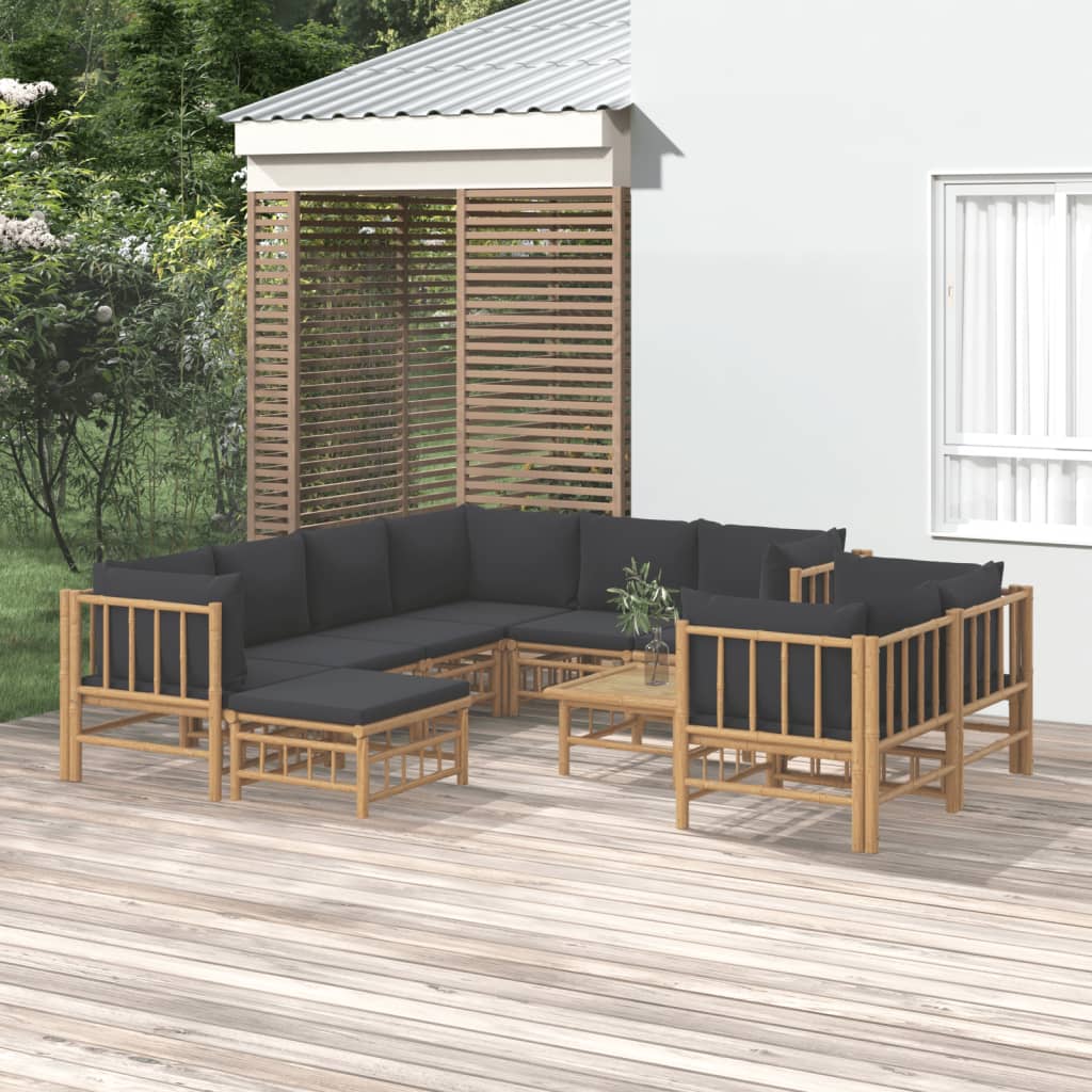 10 Piece Garden Lounge Set with Dark Grey Cushions Bamboo