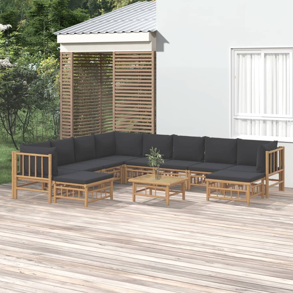 11 Piece Garden Lounge Set with Dark Grey Cushions Bamboo