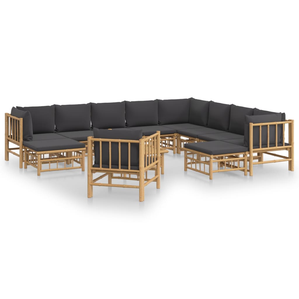 12 Piece Garden Lounge Set with Dark Grey Cushions Bamboo